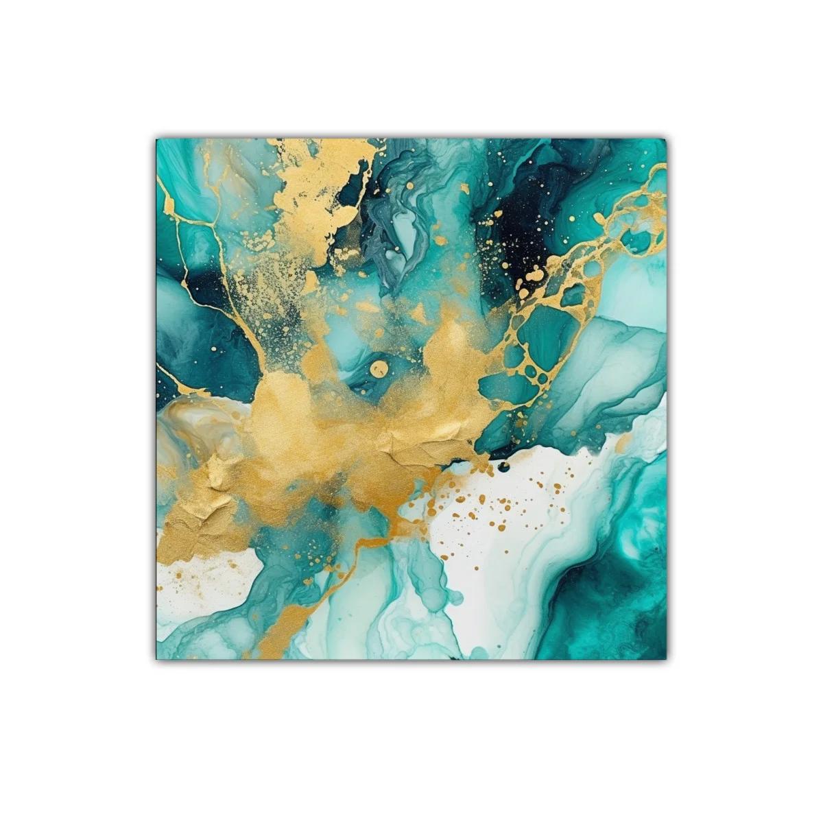 Cuadro abstracto con tonos turquesa y dorados vibrantes