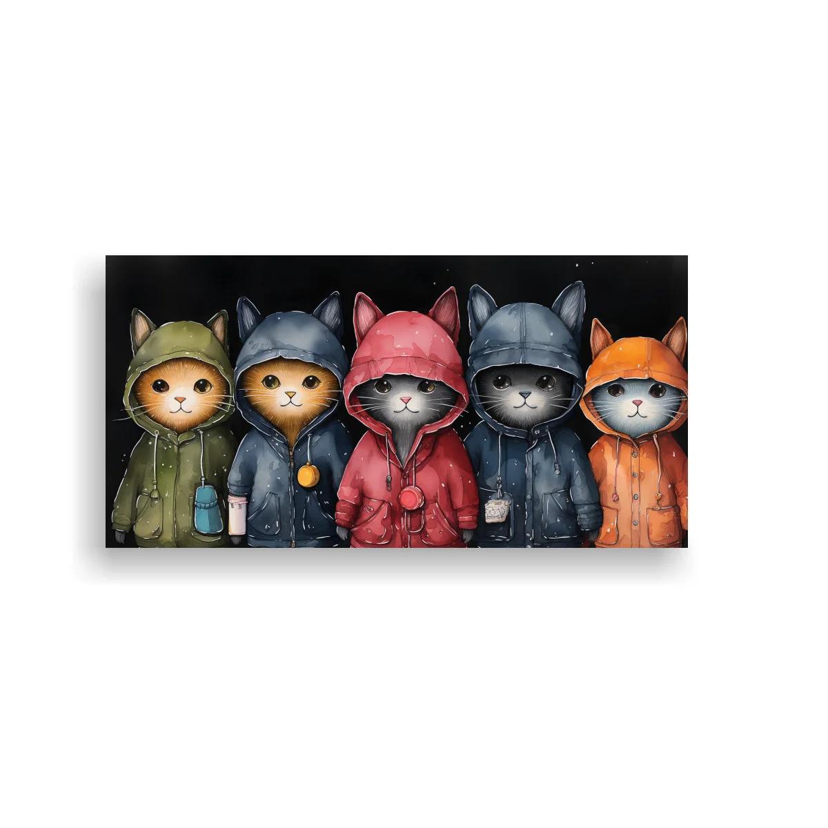 Cuadro cinco gatos con impermeable y faroles colgantes — imagen principal