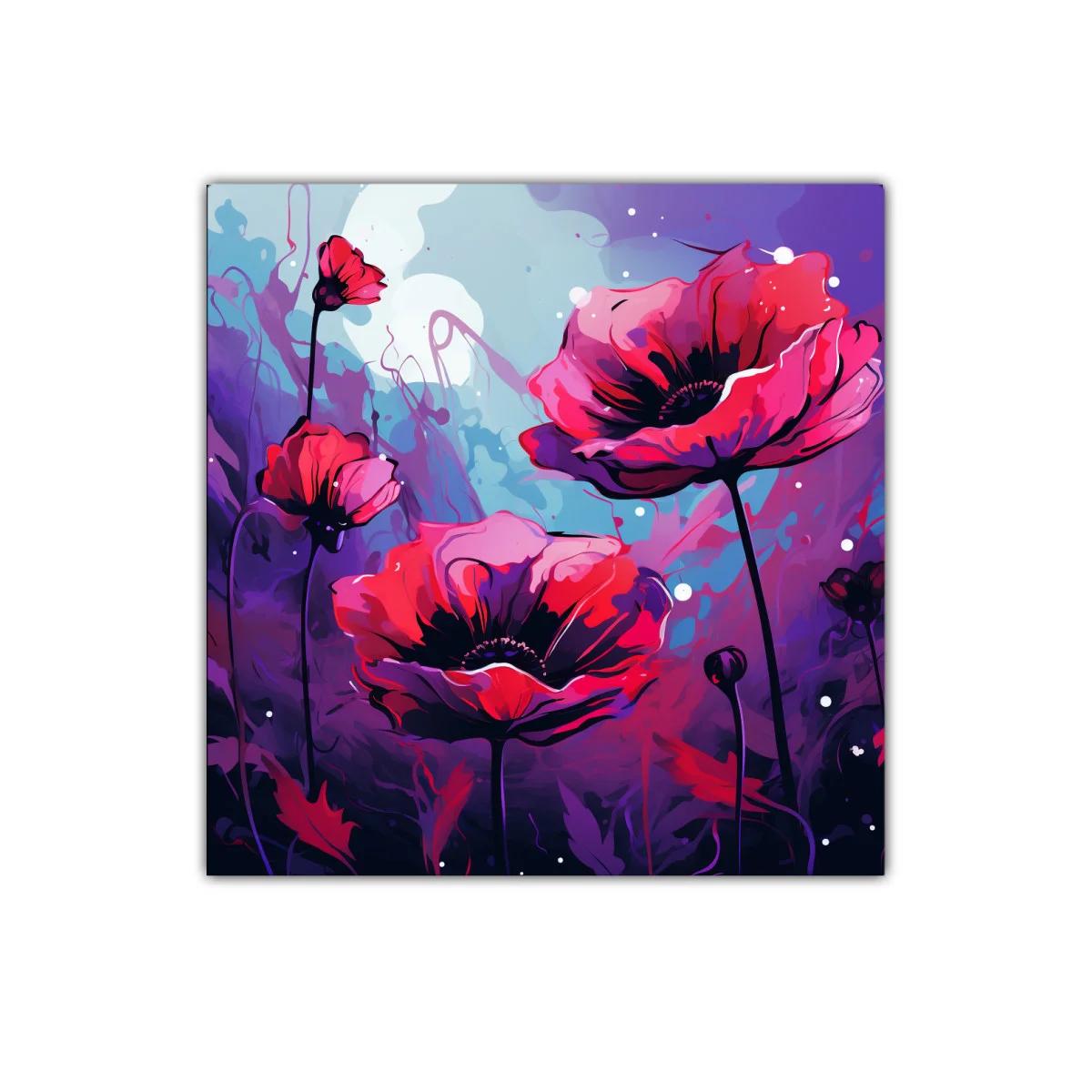 Flores rojas vibrantes sobre fondo púrpura y azul — imagen principal