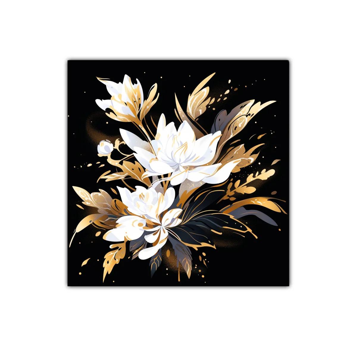 Elegancia floral en tonos dorados y blancos sobre fondo negro — imagen principal