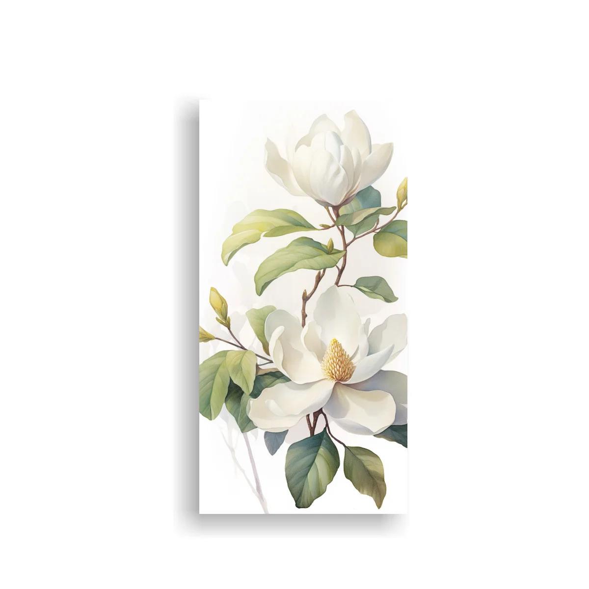 Cuadro magnolia blanca con hojas verdes y capullo
