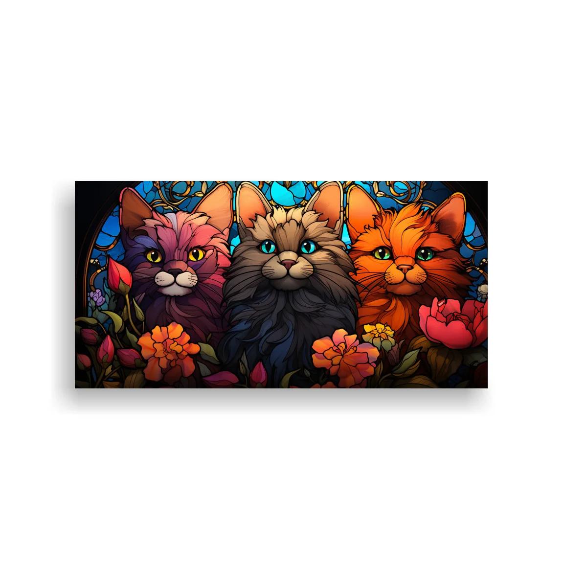 Cuadro tres gatos de colores con líneas negras tipo plomo