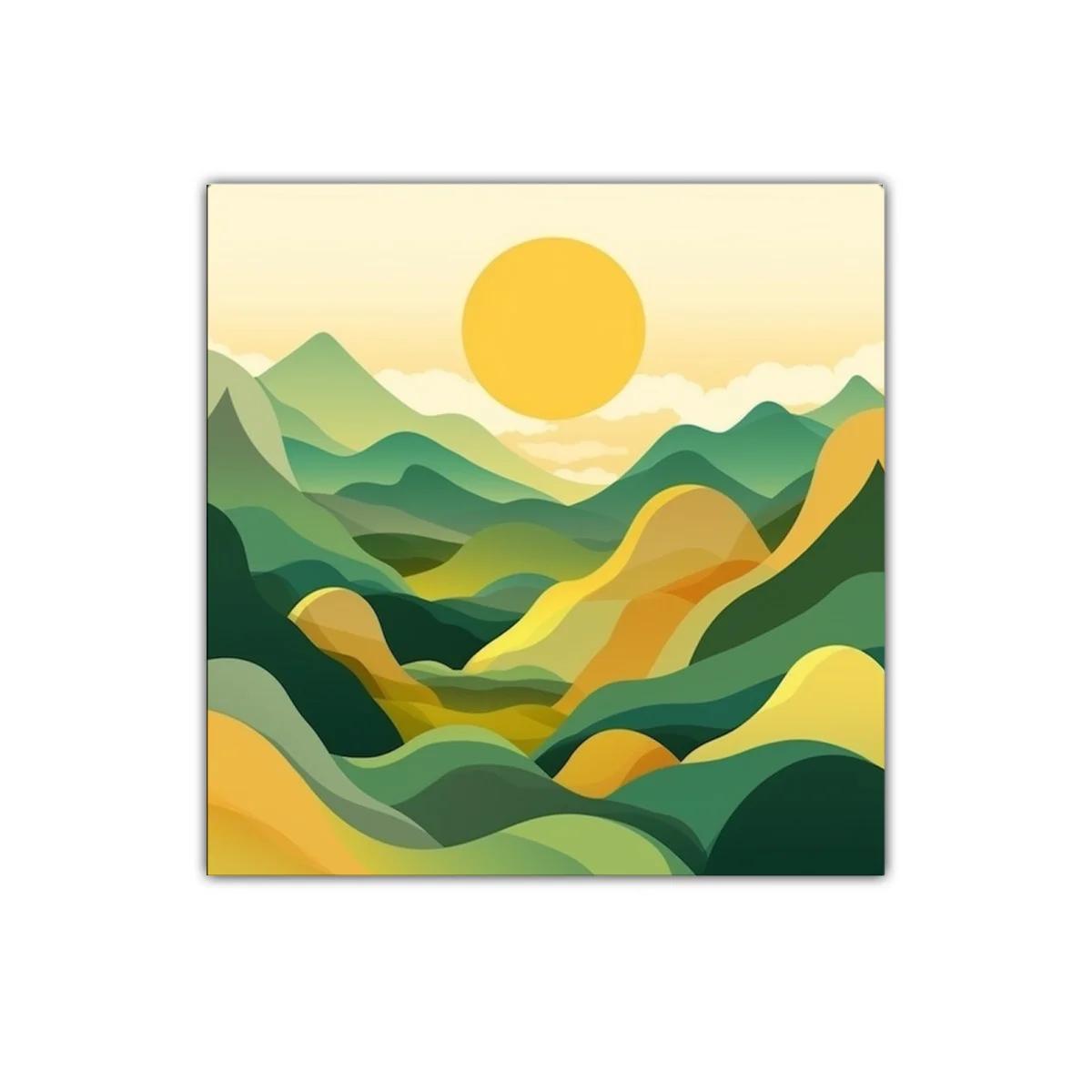 Paisaje abstracto con montañas y sol amarillo vibrante — imagen principal
