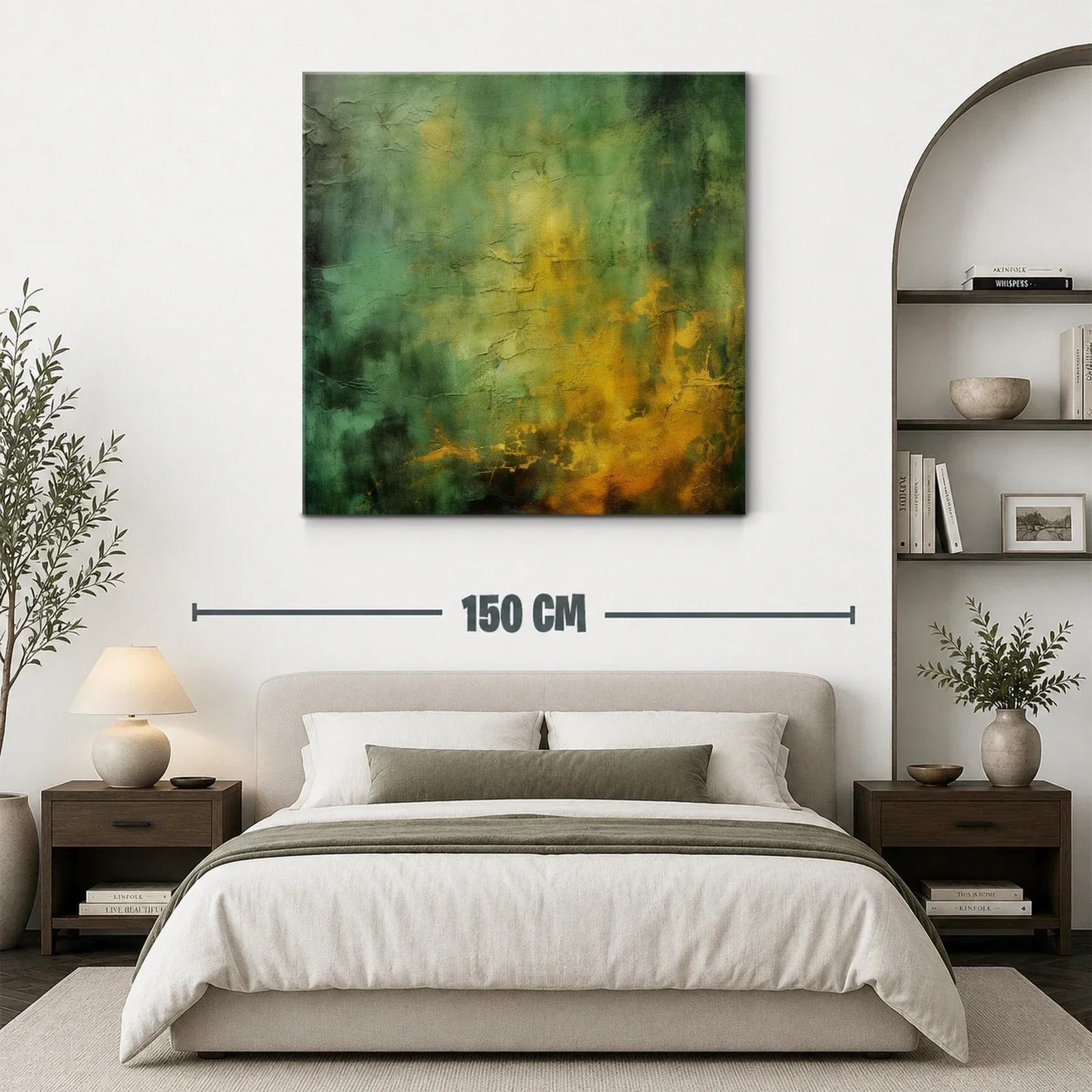 Cuadro abstracto con texturas en tonos verdes y dorados — miniatura 3