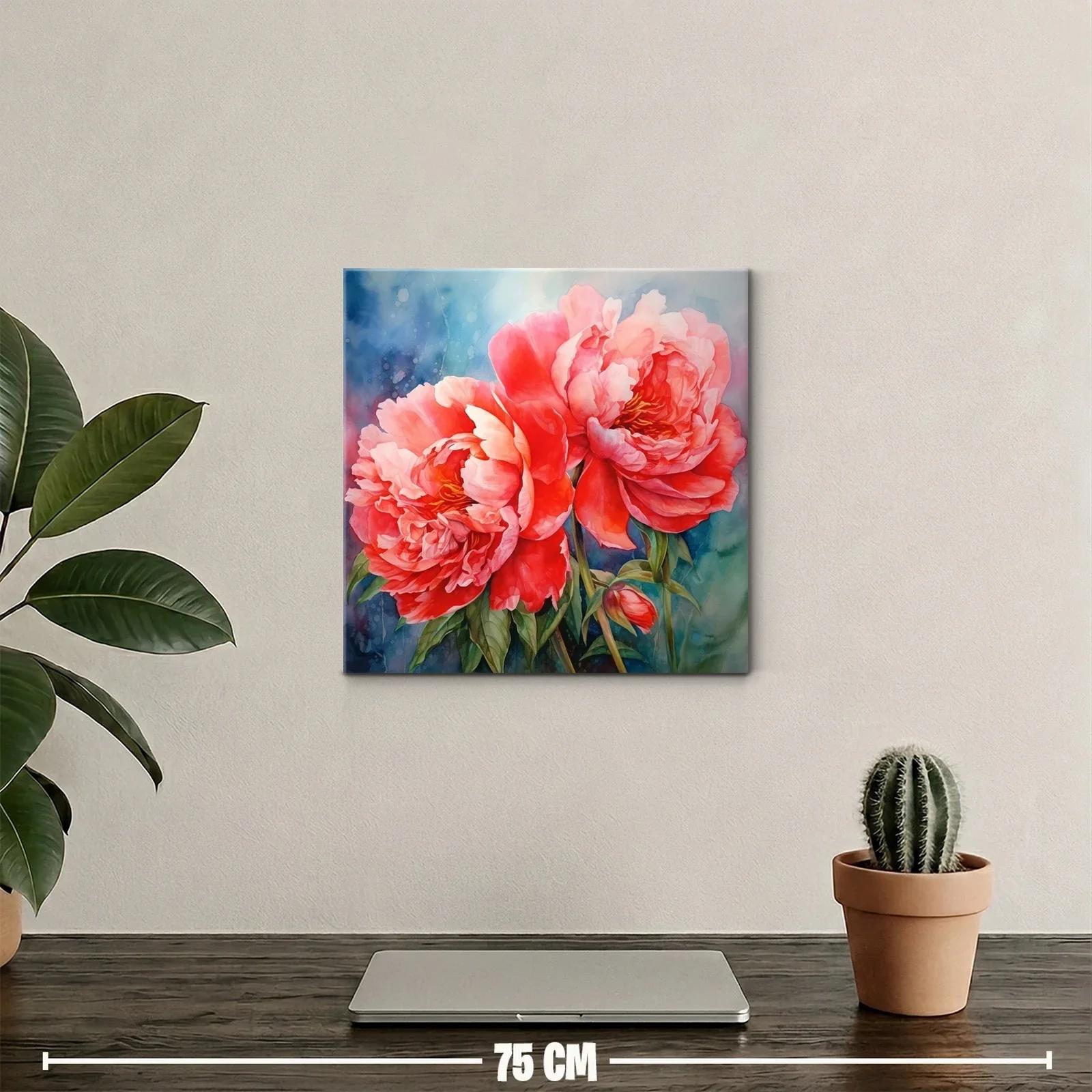 Cuadro floral con peonías vibrantes y fondo azul difuminado — miniatura 2