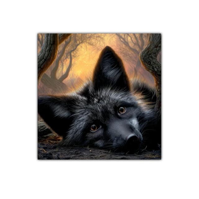 Retrato fascinante de zorro negro en bosque al atardecer