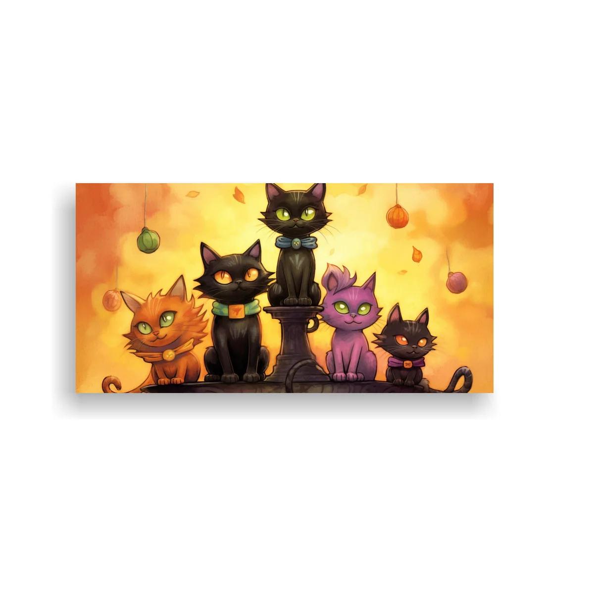 Cuadro grupo de gatos de colores con fondo otoñal