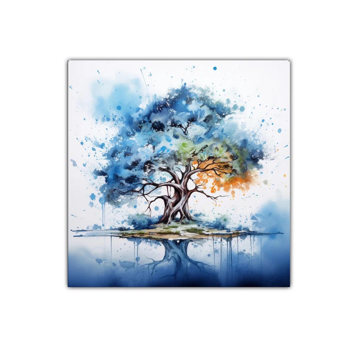 Árbol abstracto con colores vibrantes y reflejo sereno