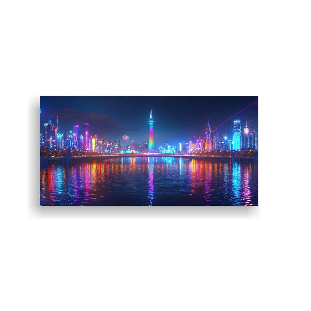 Cuadro skyline urbano nocturno con torre multicolor y reflejos