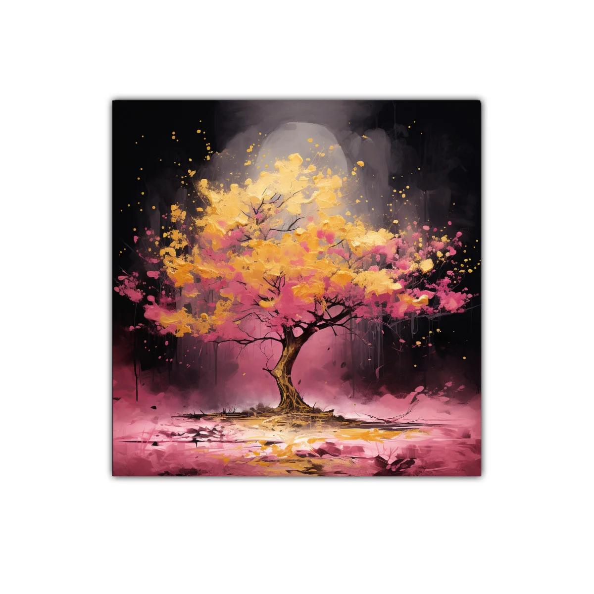 Árbol vibrante con tonos dorados y rosas en fondo oscuro