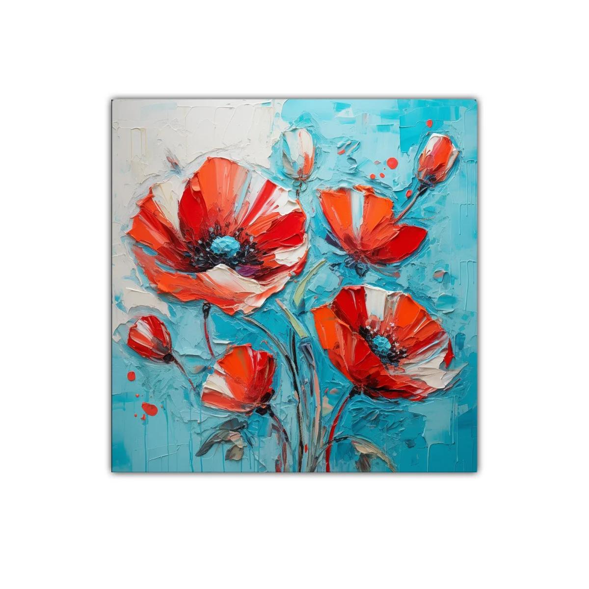 Cuadro decorativo con amapolas rojas vibrantes en fondo azul