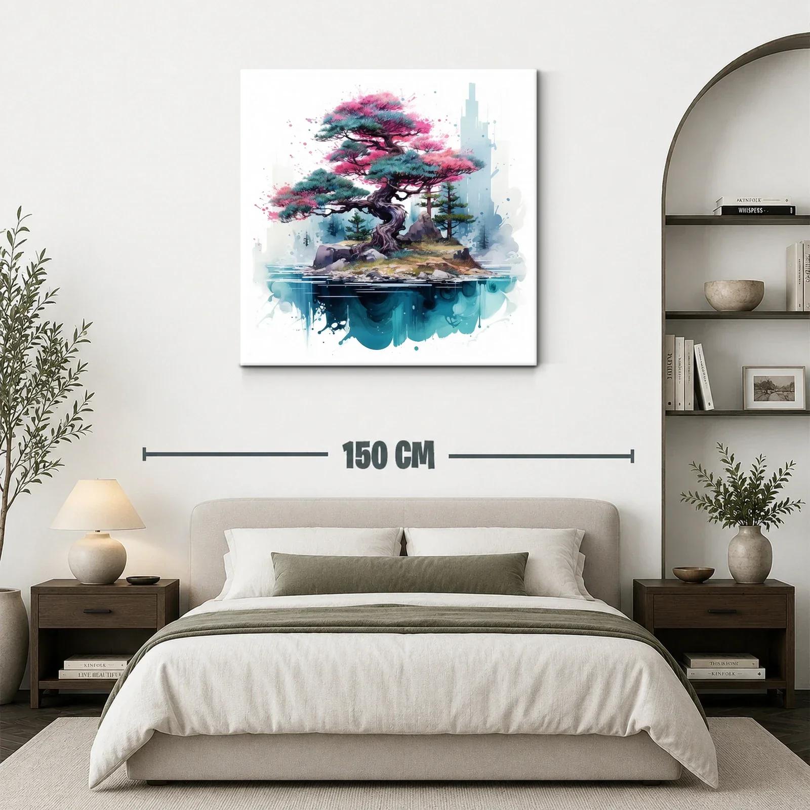 Árbol bonsái en isla flotante con tonos rosas y azules — miniatura 3