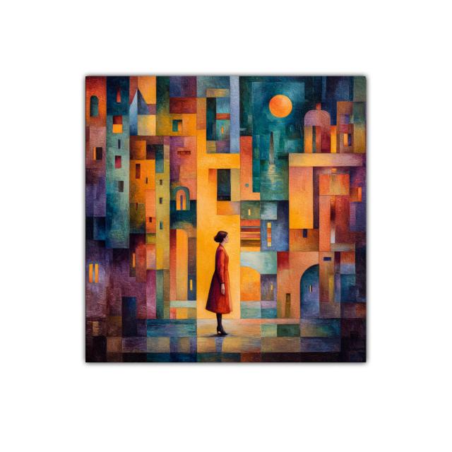 Escena urbana con figura femenina en tonos cálidos