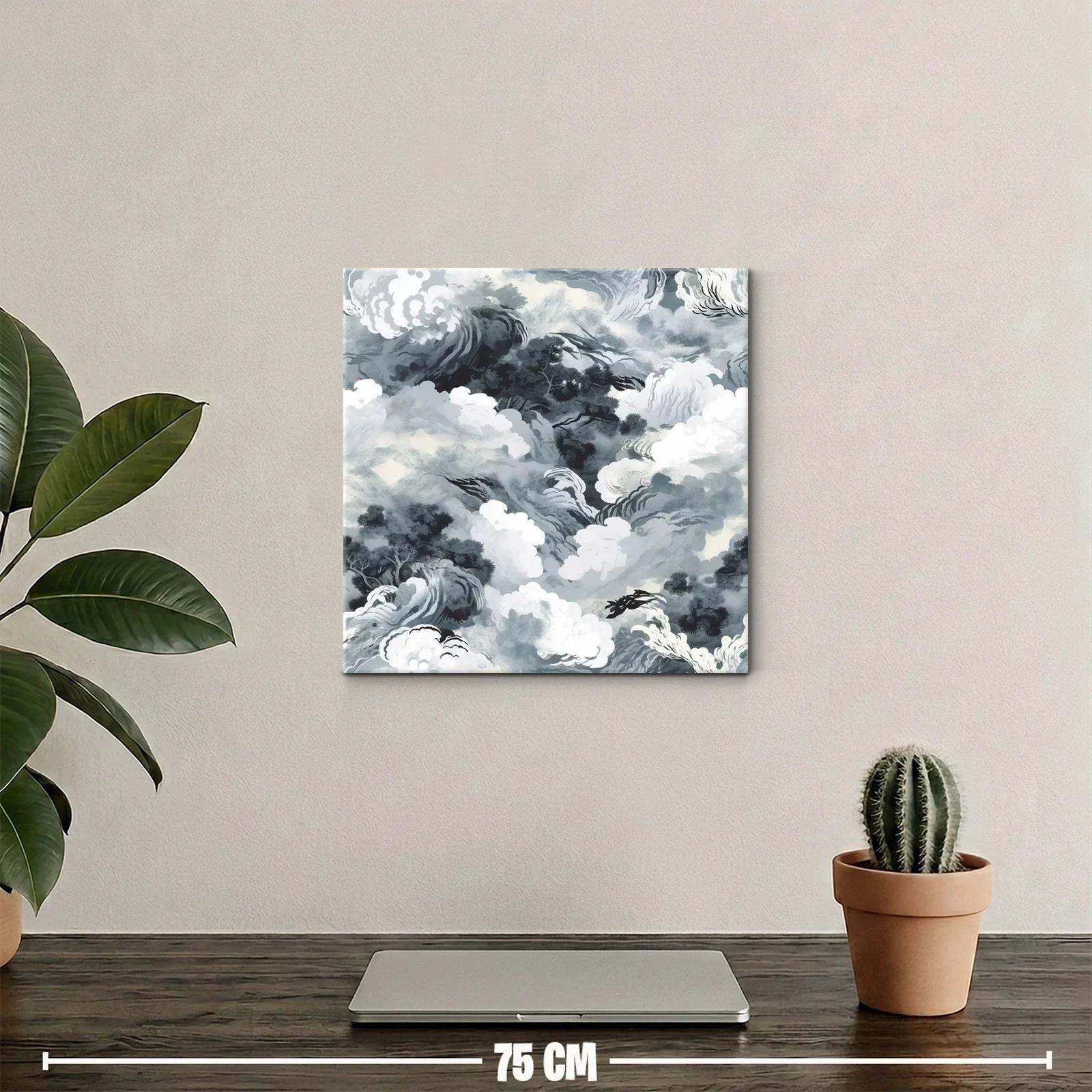 Cuadro abstracto con formas de nubes y árboles en tonos grises — miniatura 2