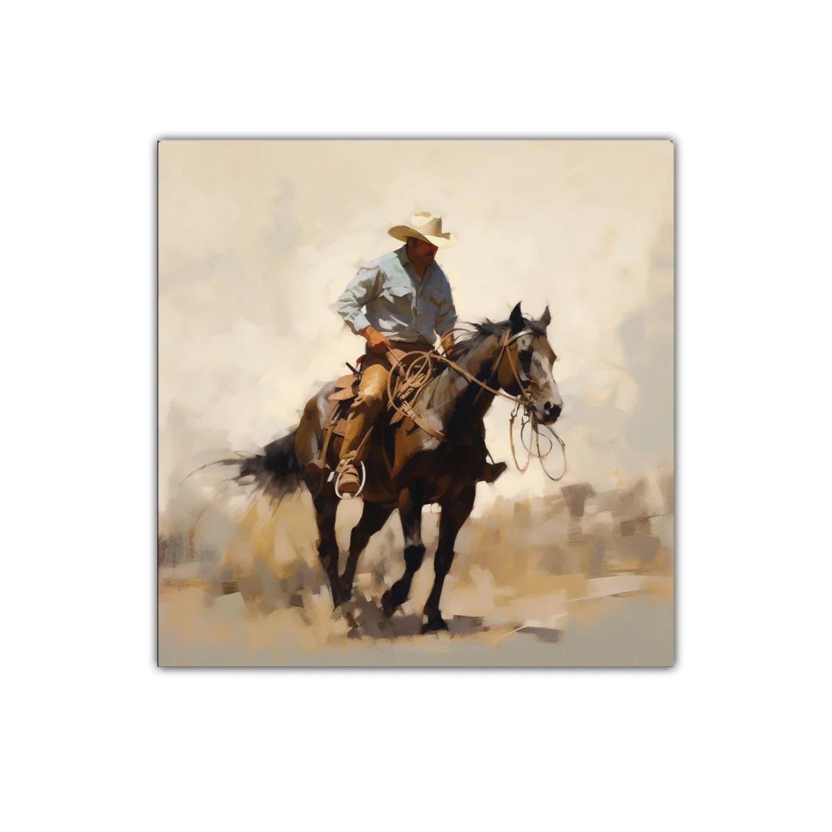 Cuadro decorativo vaquero montando a caballo en tonos tierra — imagen principal