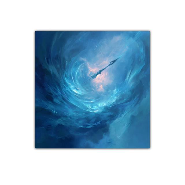 Cuadro abstracto con remolino y lanza en tonos azules