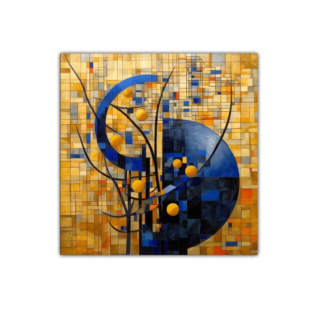 Cuadro abstracto con formas geométricas en tonos dorados y azules