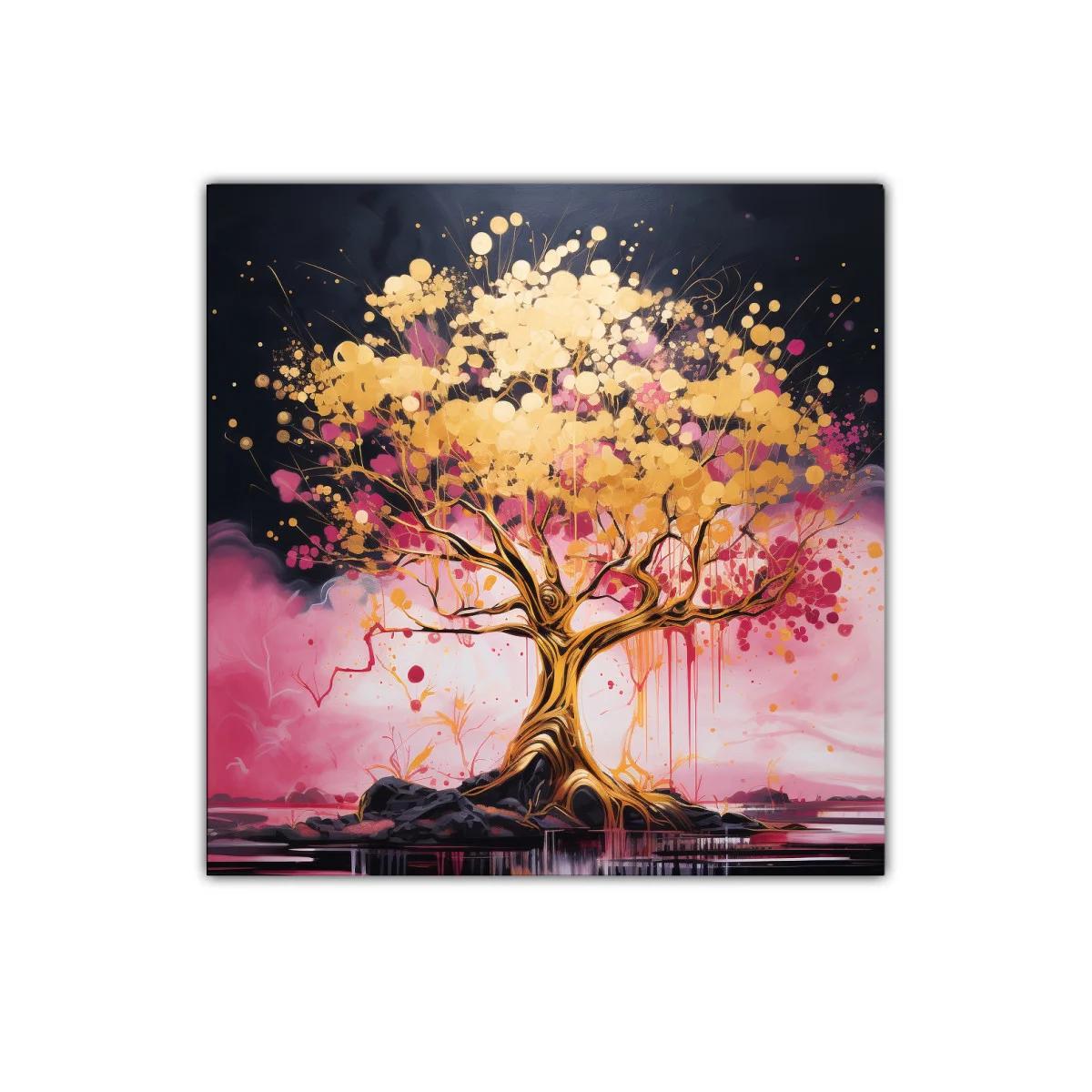Árbol dorado con vibrantes tonos rosas sobre fondo oscuro — imagen principal