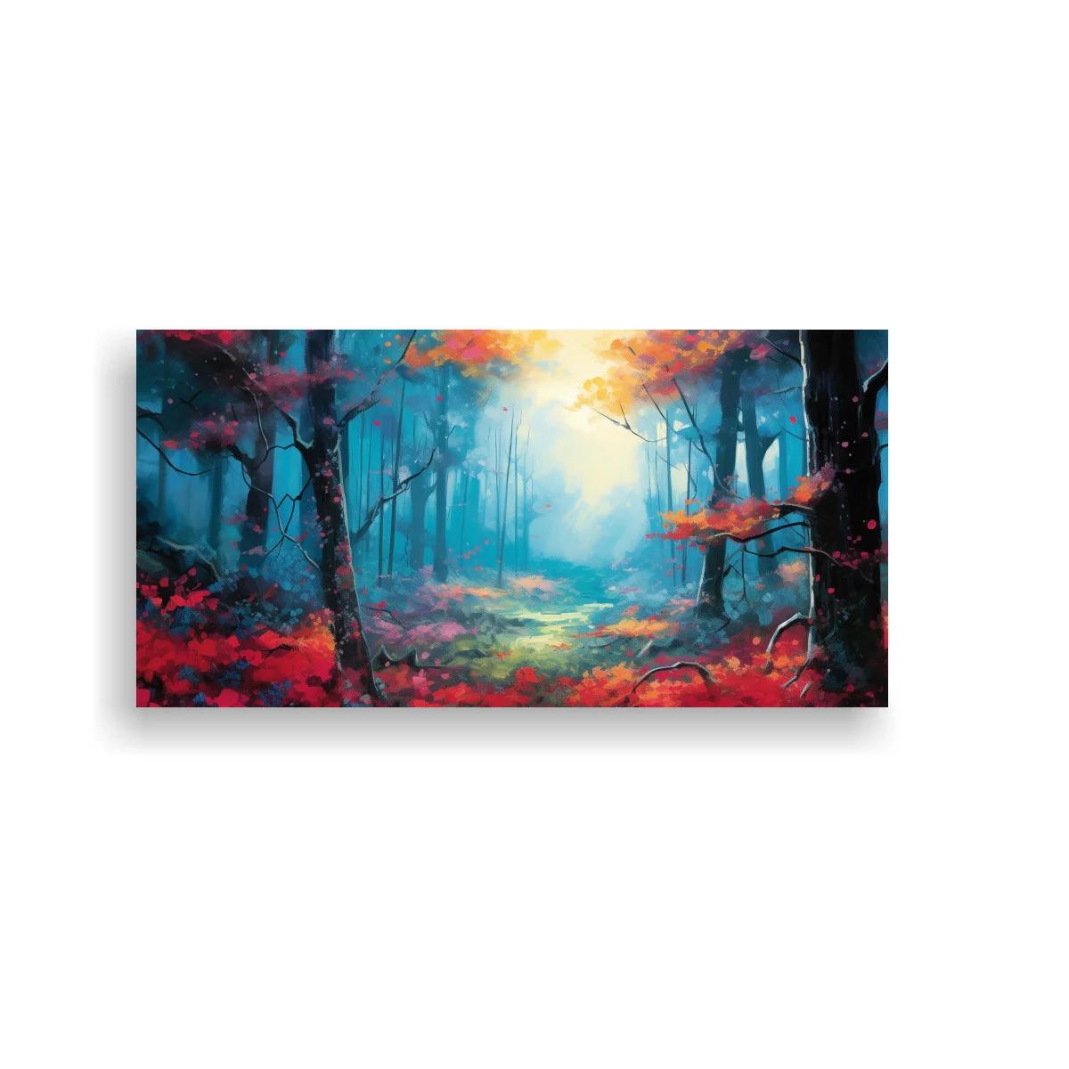 Cuadro bosque con sendero luminoso y follaje rojo