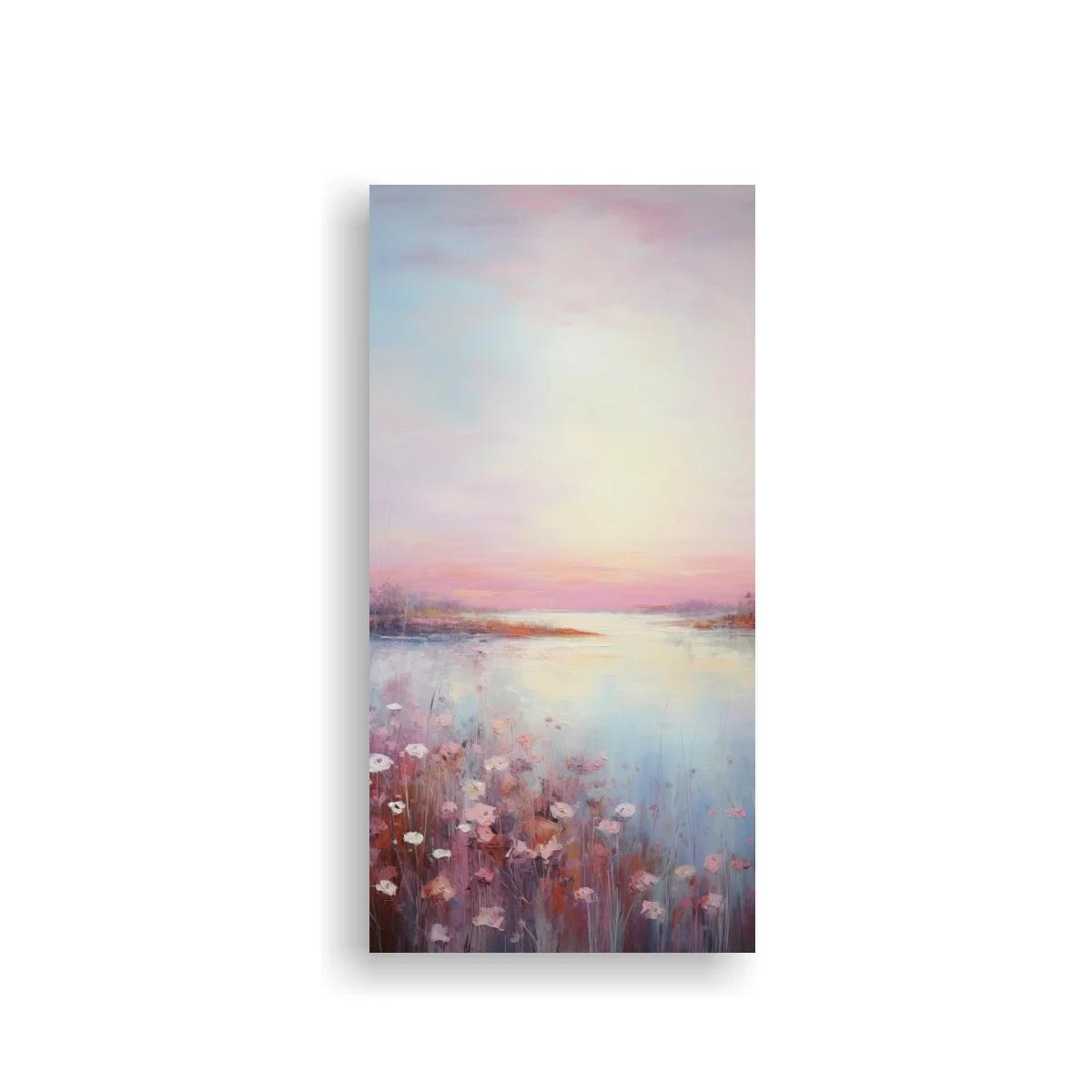Cuadro paisaje de lago al amanecer con flores silvestres