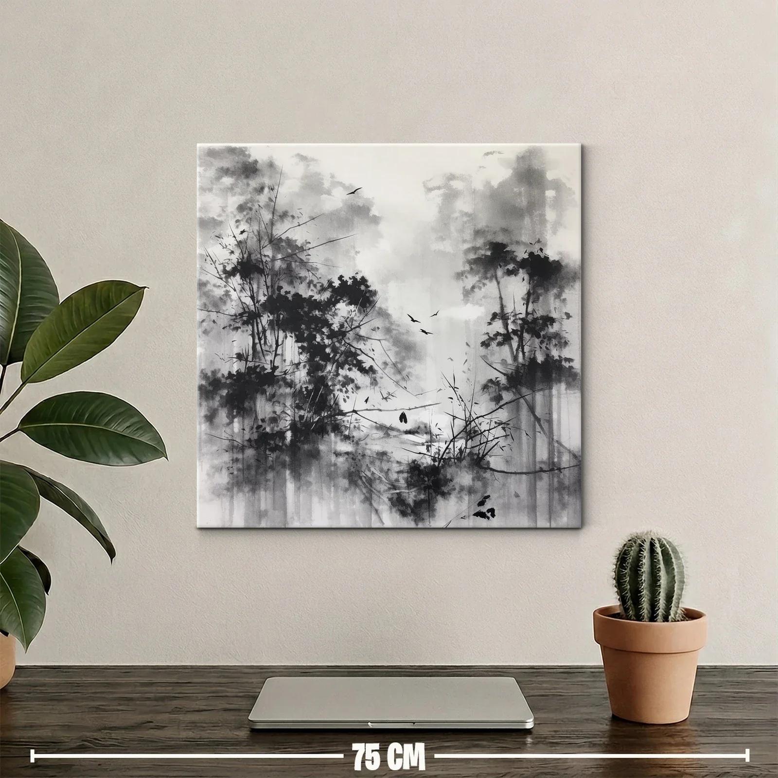 Bosque brumoso con aves en tonos grises y negros — miniatura 2