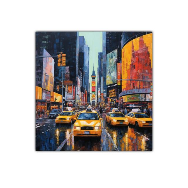 Ajetreo urbano con taxis amarillos en escena nocturna