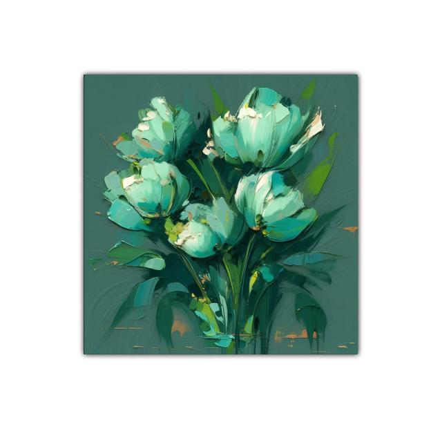 Cuadro moderno de flores en tonos verdes y azules