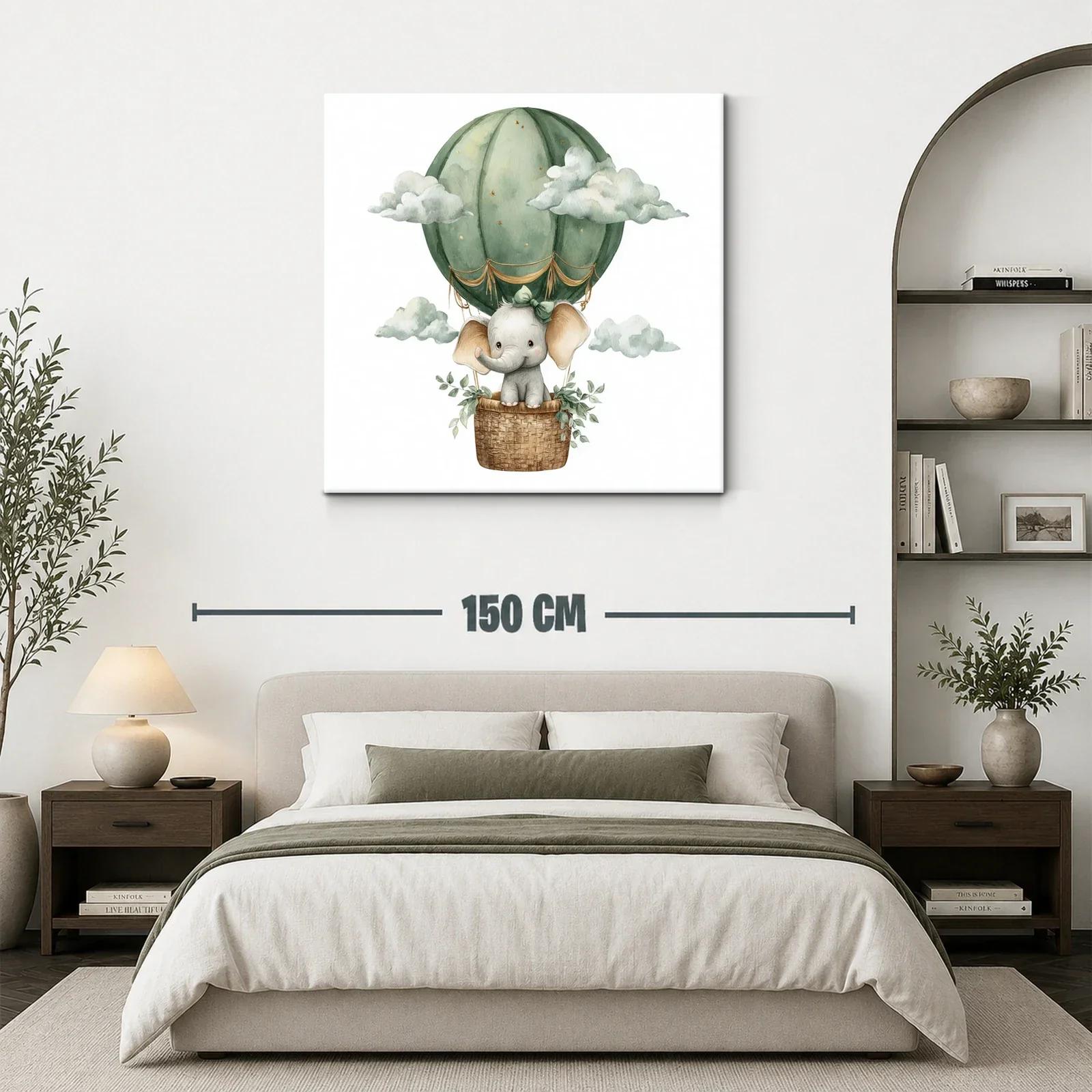 Elefante tierno volando en globo verde con nubes suaves — miniatura 3