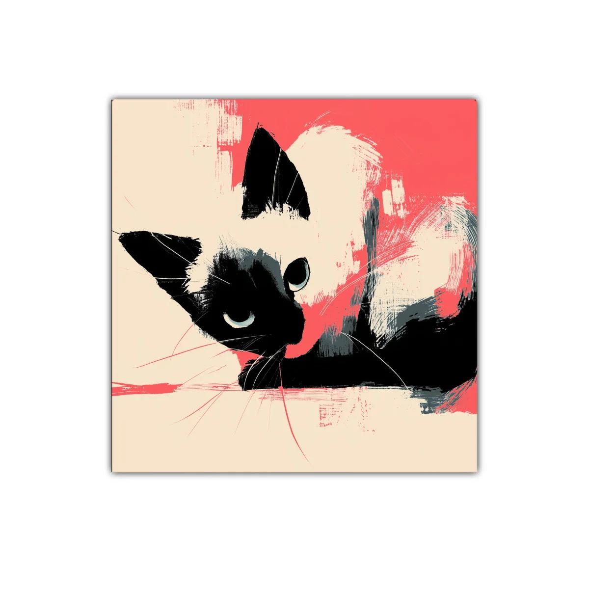 Cuadro decorativo de gato con contraste dramático en tonos coral
