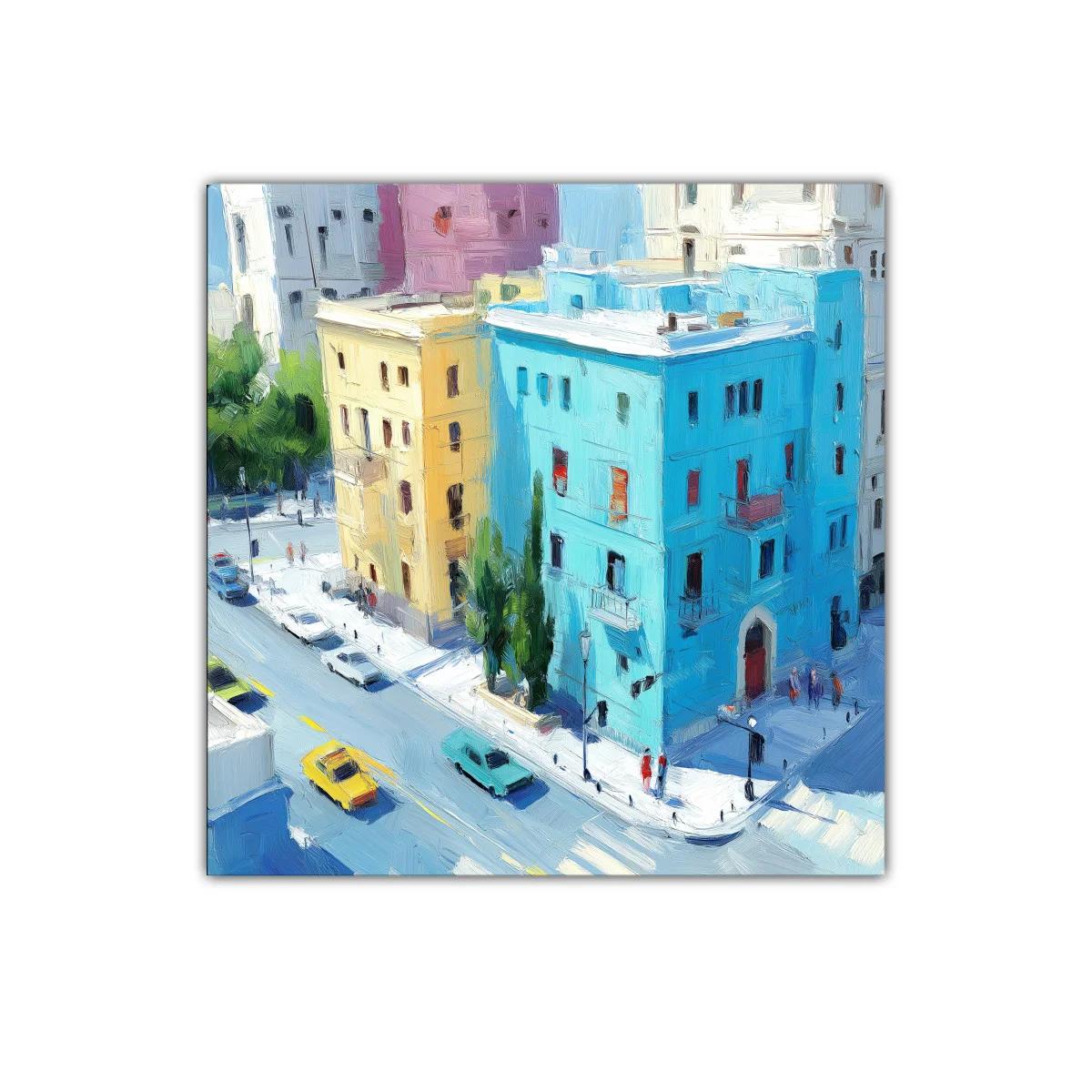 Cuadro urbano con edificios coloridos y tráfico en movimiento — imagen principal