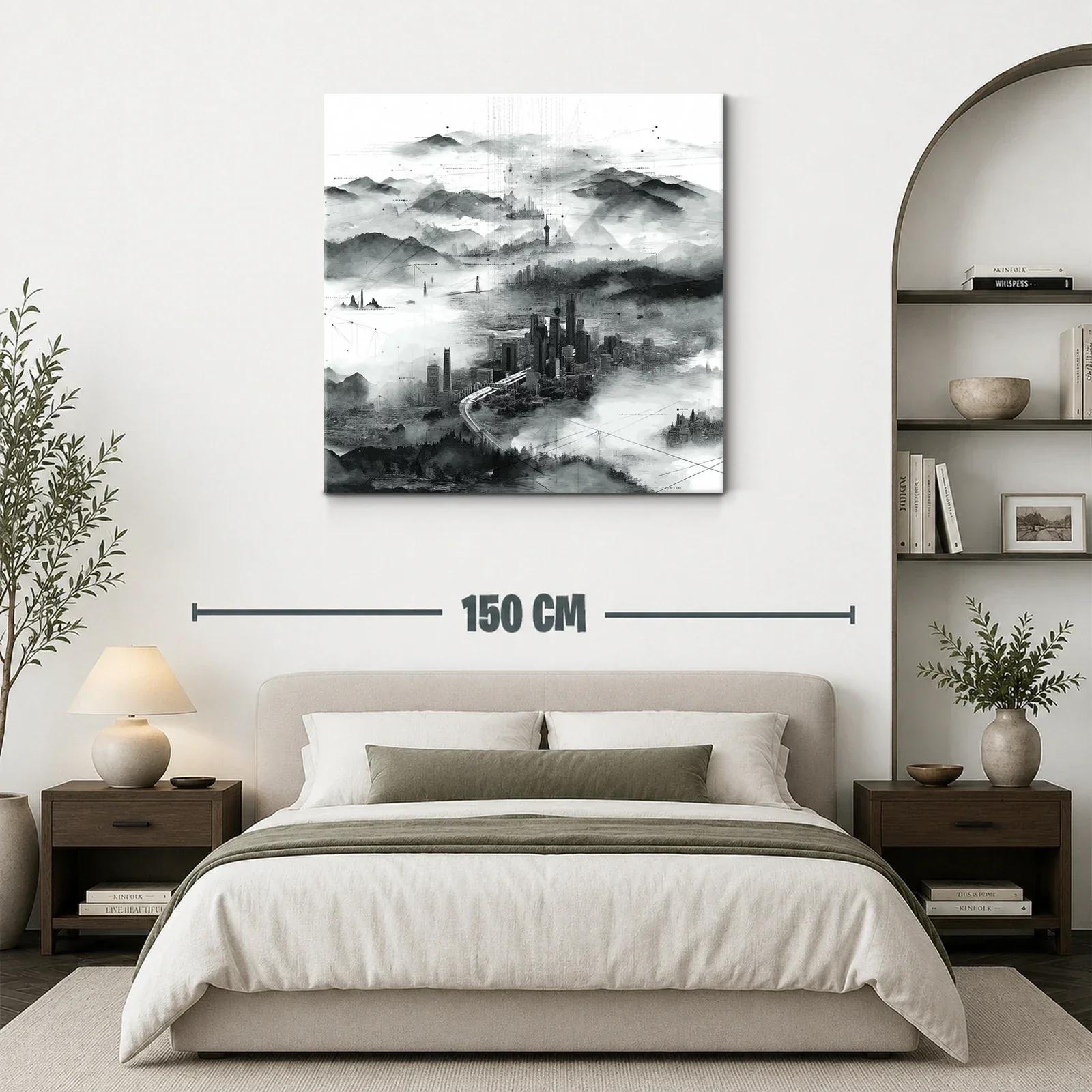 Paisaje urbano en niebla con detalles abstractos en tonos grises — miniatura 3