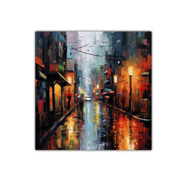 Reflejos urbanos bajo la lluvia y luces cálidas