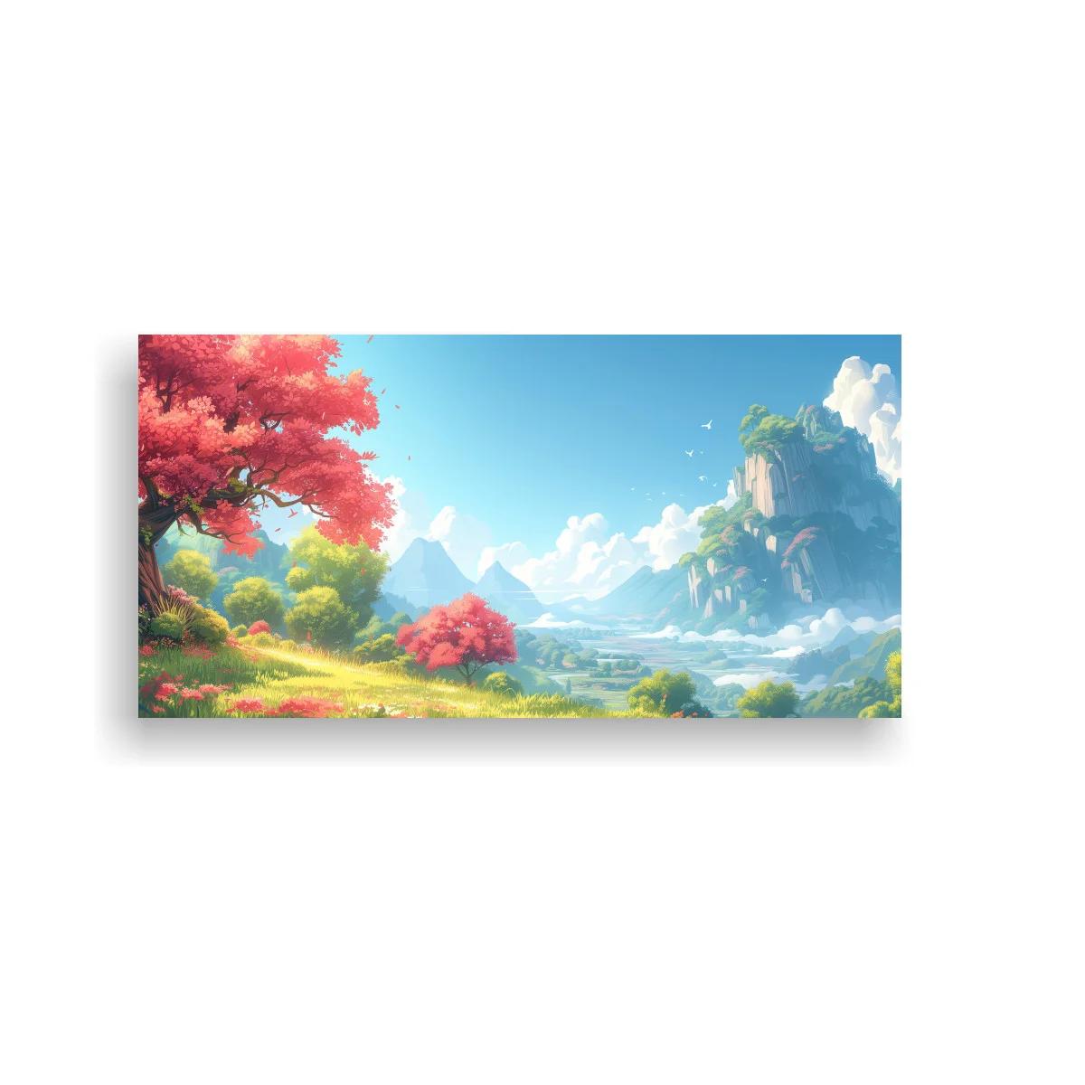 Cuadro paisaje de montaña fantástica con pradera verde y árbol rosado
