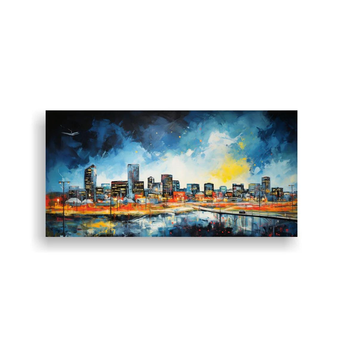 Cuadro skyline urbano con reflejo en el agua
