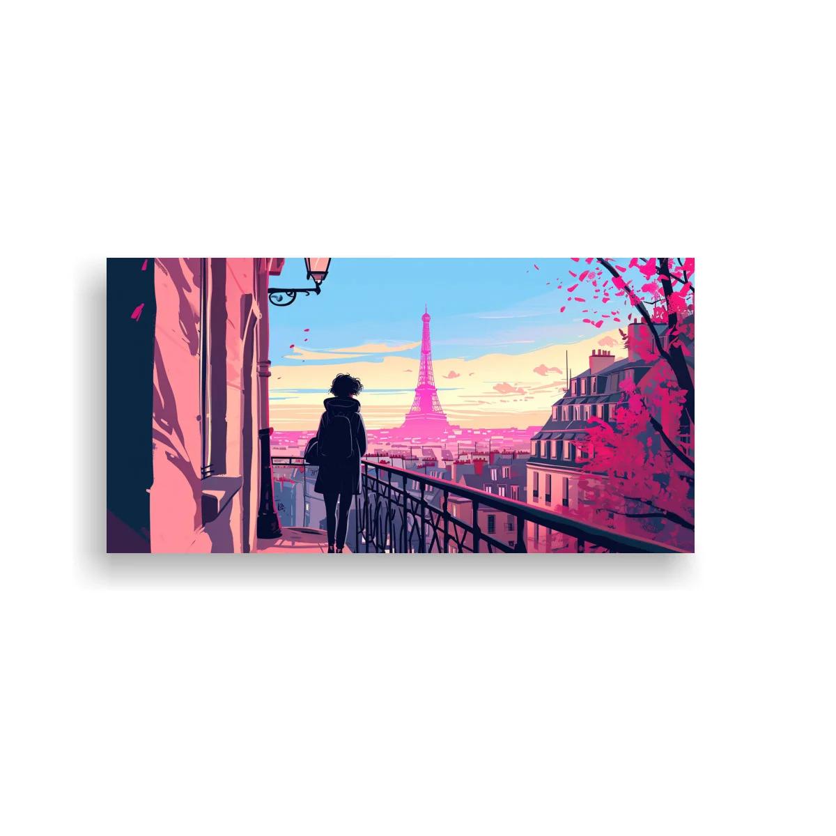 Cuadro mujer en un balcón con la Torre Eiffel y cielo pastel