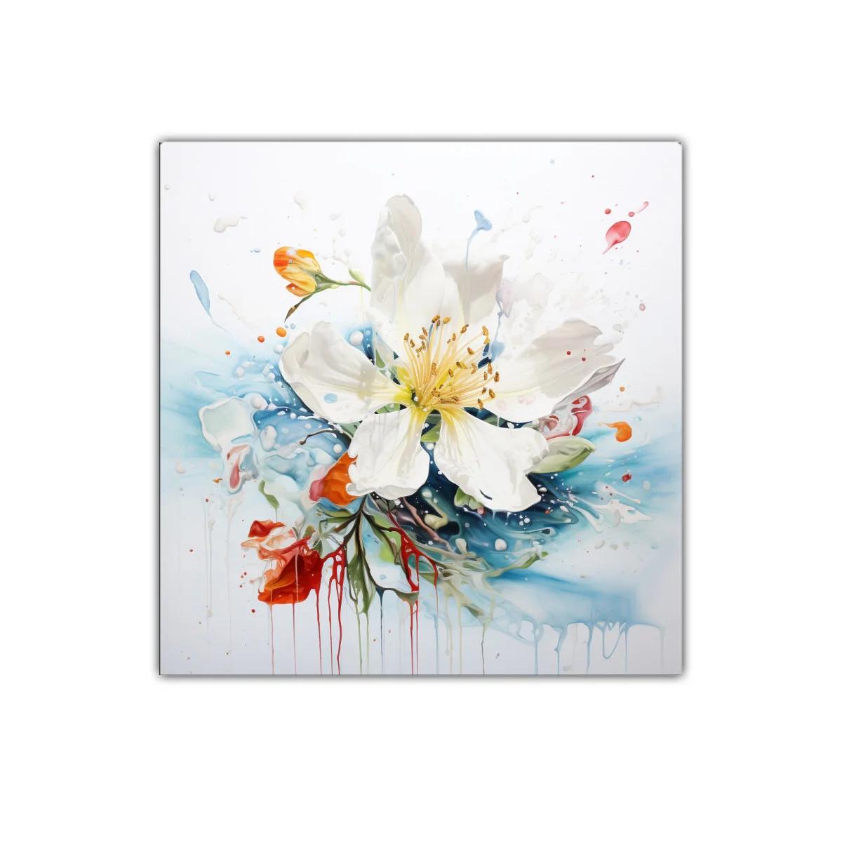 Cuadro decorativo de flor blanca con salpicaduras de color