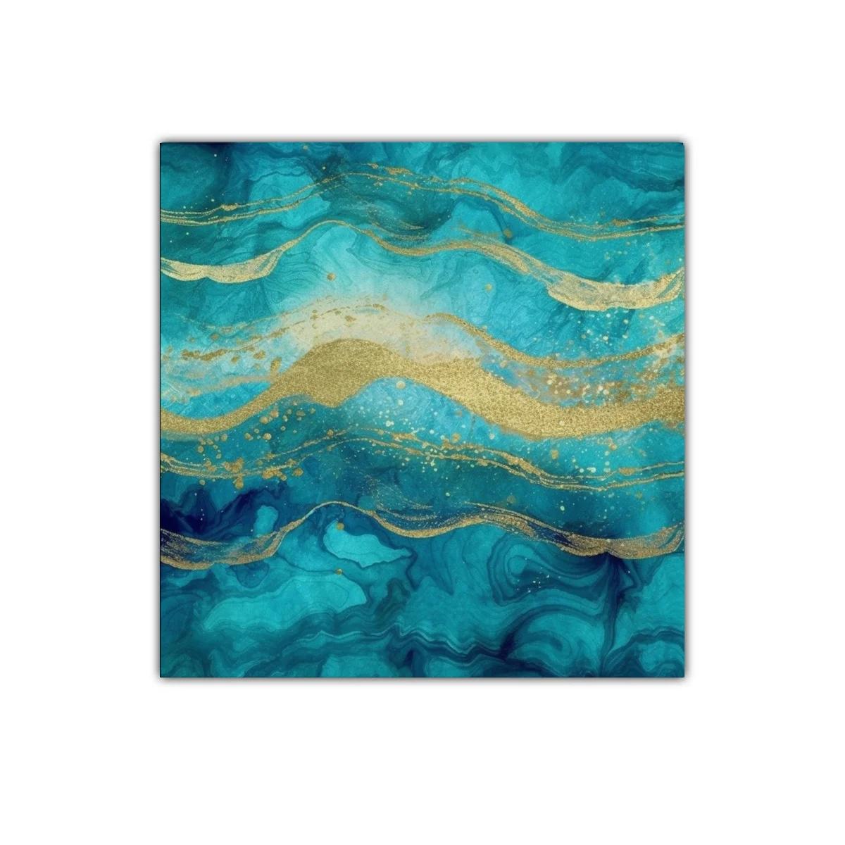 Cuadro abstracto con tonos turquesa y dorados brillantes