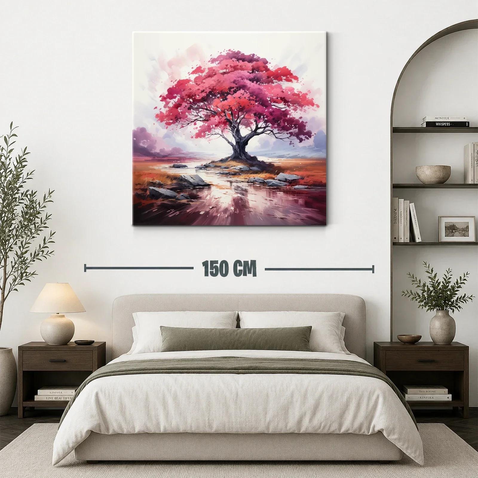 Árbol en tonos rosas y rojos sobre paisaje sereno — miniatura 3