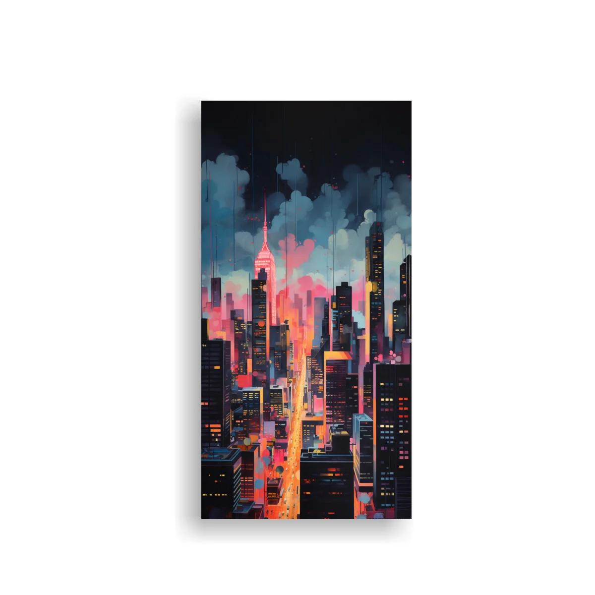 Cuadro skyline urbana nocturna con cielo rosa y azul