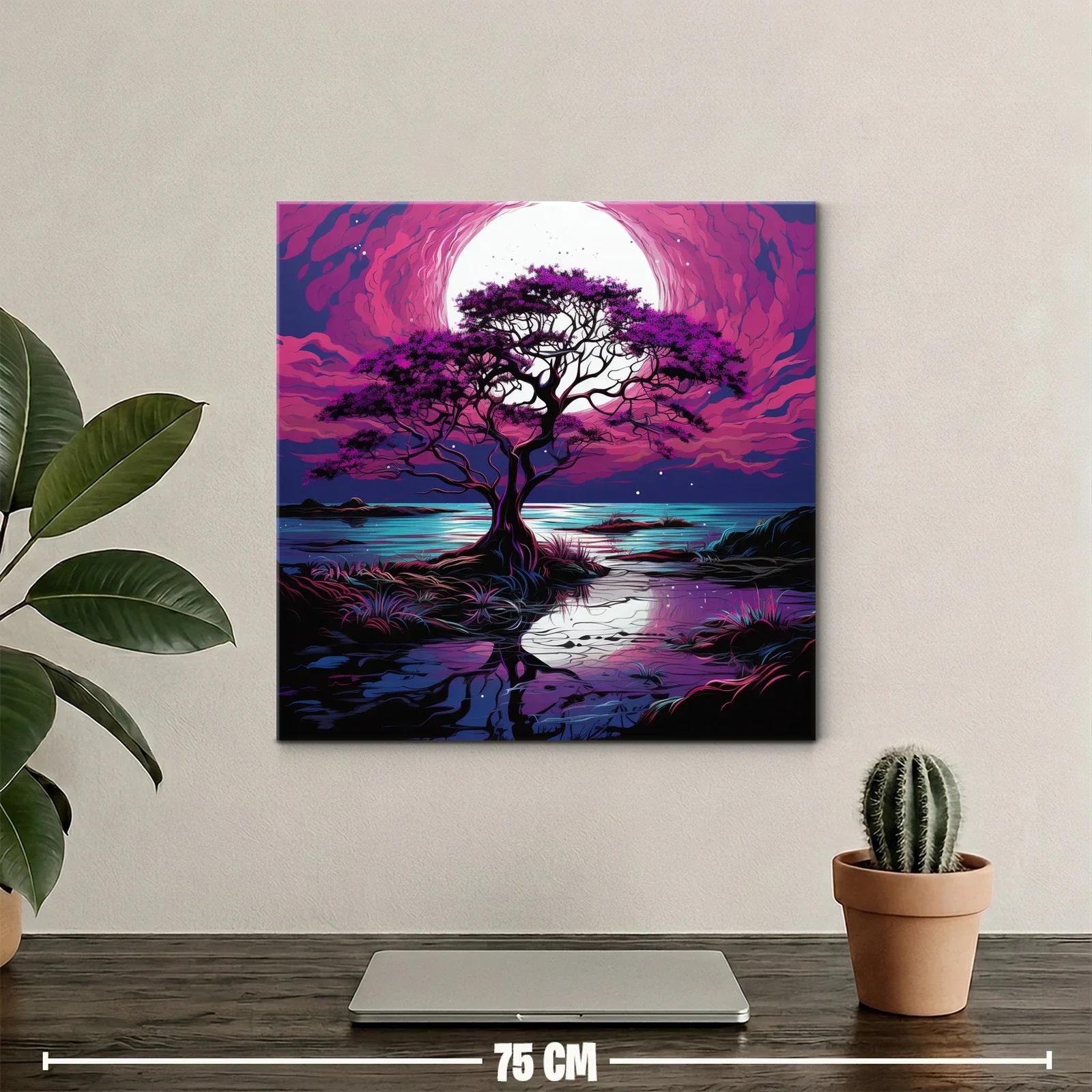Árbol solitario bajo la luna en tonos morados y azules — miniatura 2