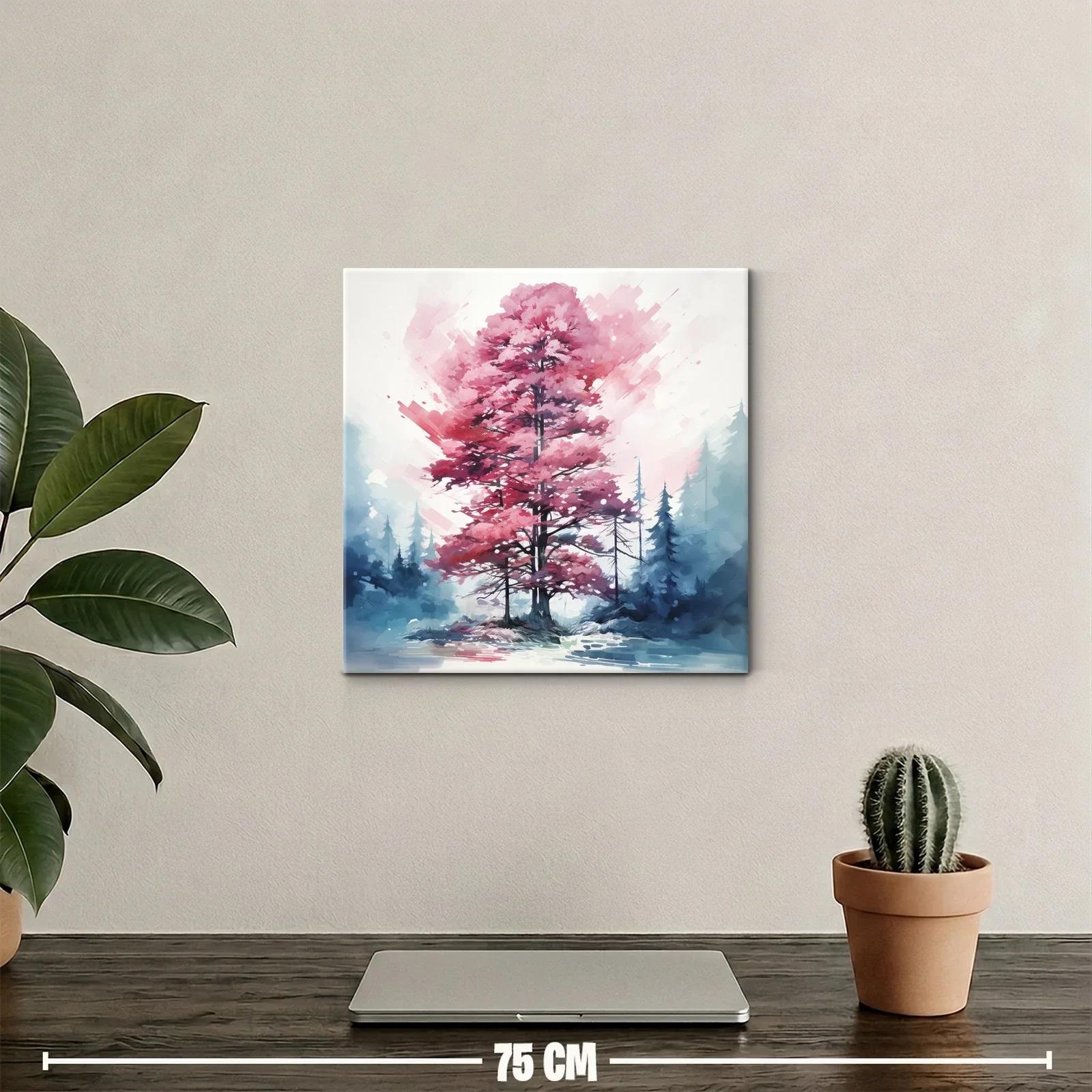 Árbol rosa en paisaje nevado con toque abstracto — miniatura 2