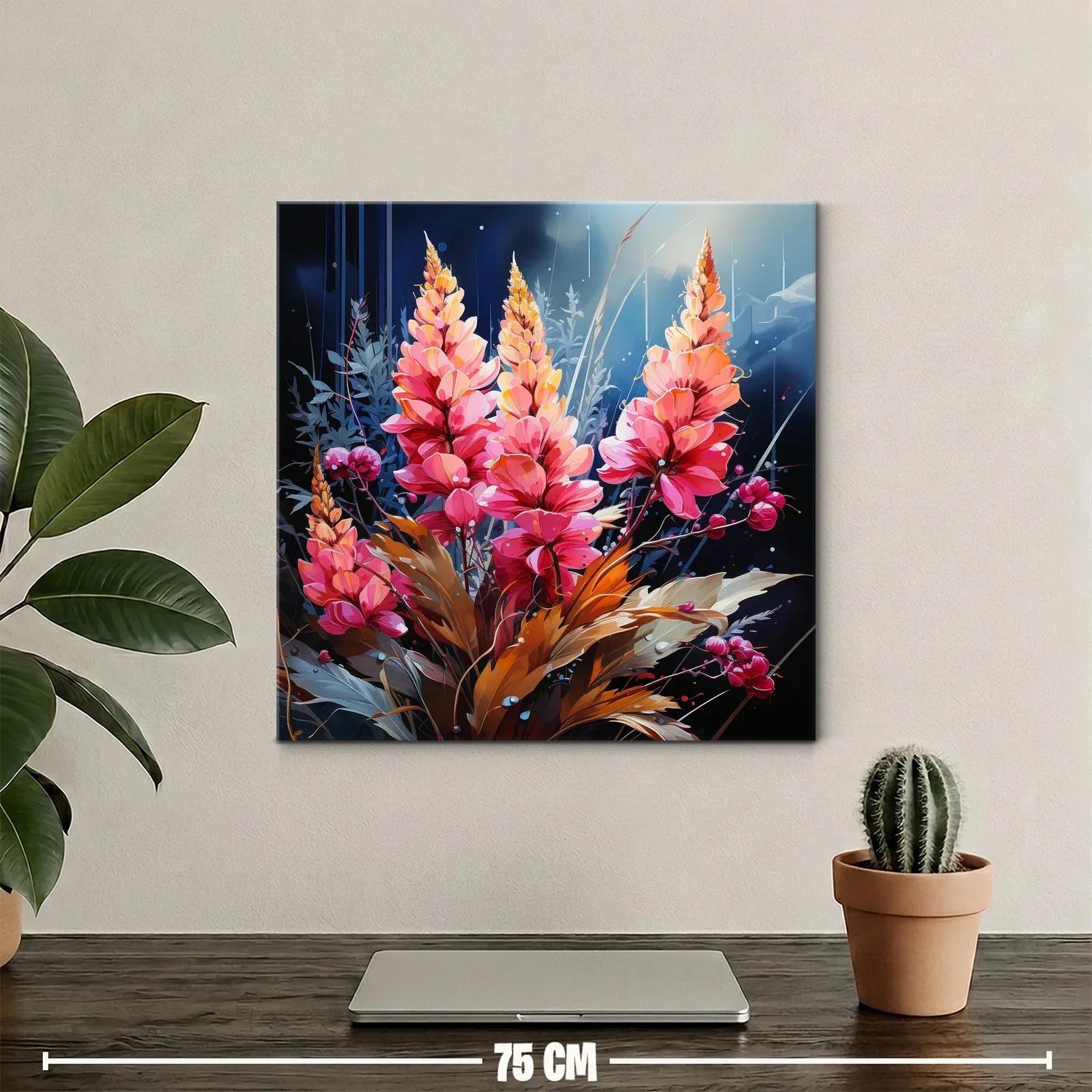 Cuadro floral vibrante con tonos cálidos y azul profundo — miniatura 2