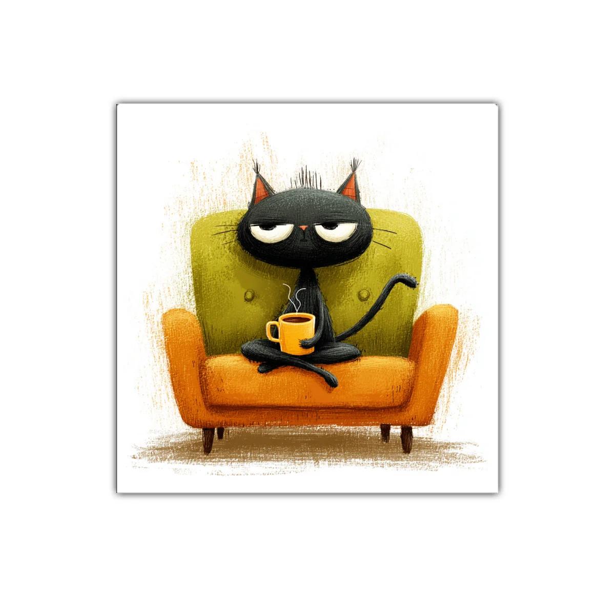 Gato negro divertido sentado en sofá colorido