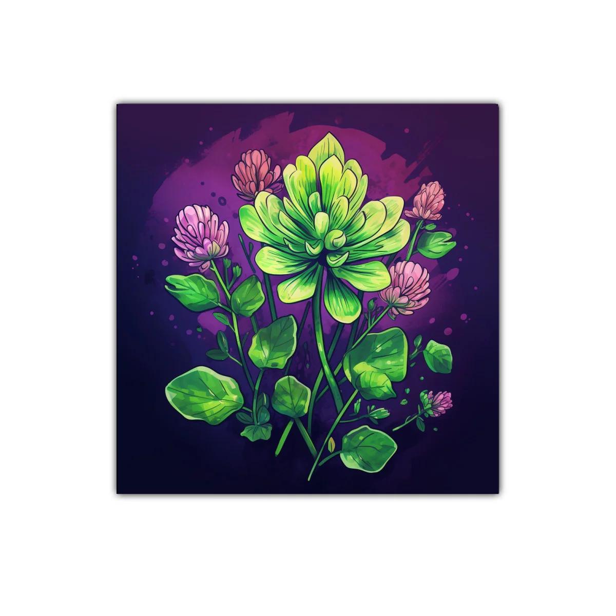 Cuadro decorativo con flores verdes y moradas vibrantes