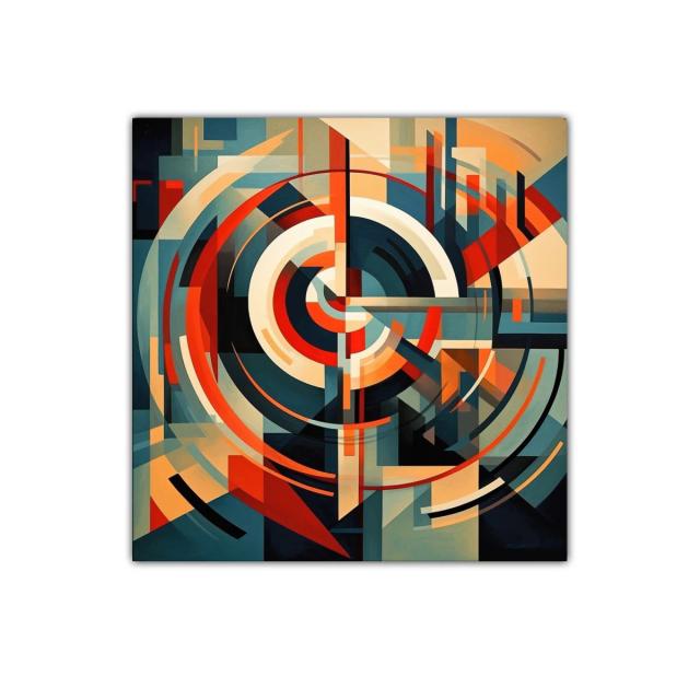 Cuadro abstracto con formas geométricas en tonos cálidos y fríos