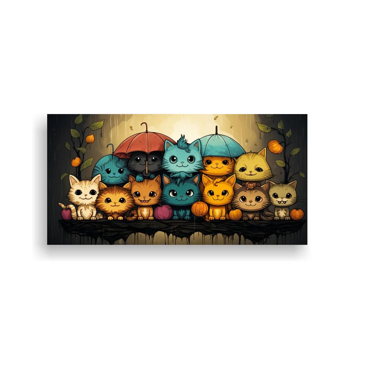 Cuadro grupo de gatos caricaturescos con dos paraguas azules