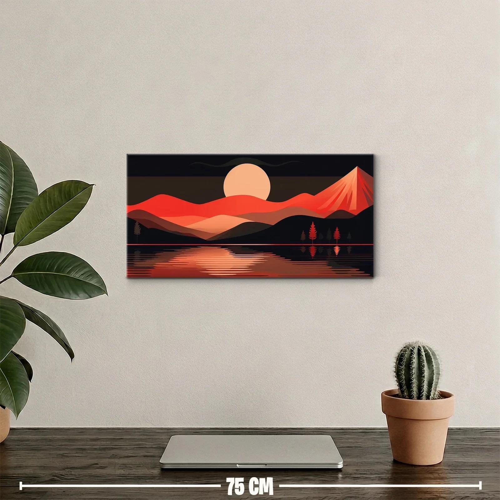 Cuadro paisaje de montañas al atardecer con sol y reflejo en el agua — miniatura 2