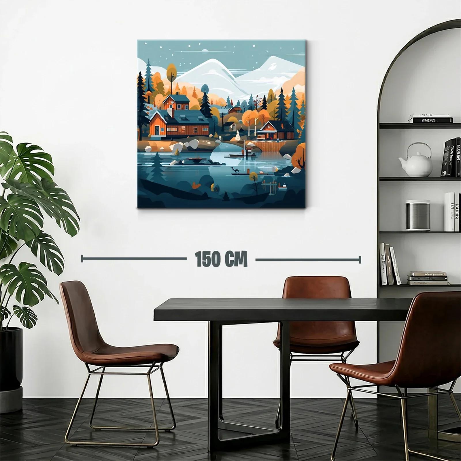 Paisaje sereno de cabañas junto al lago y montañas nevadas — miniatura 2