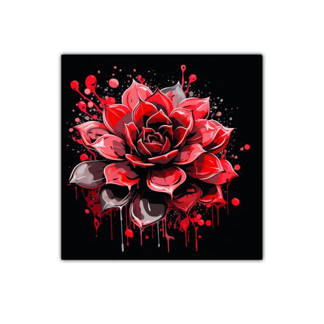 Impactante flor roja con efecto salpicado sobre fondo oscuro
