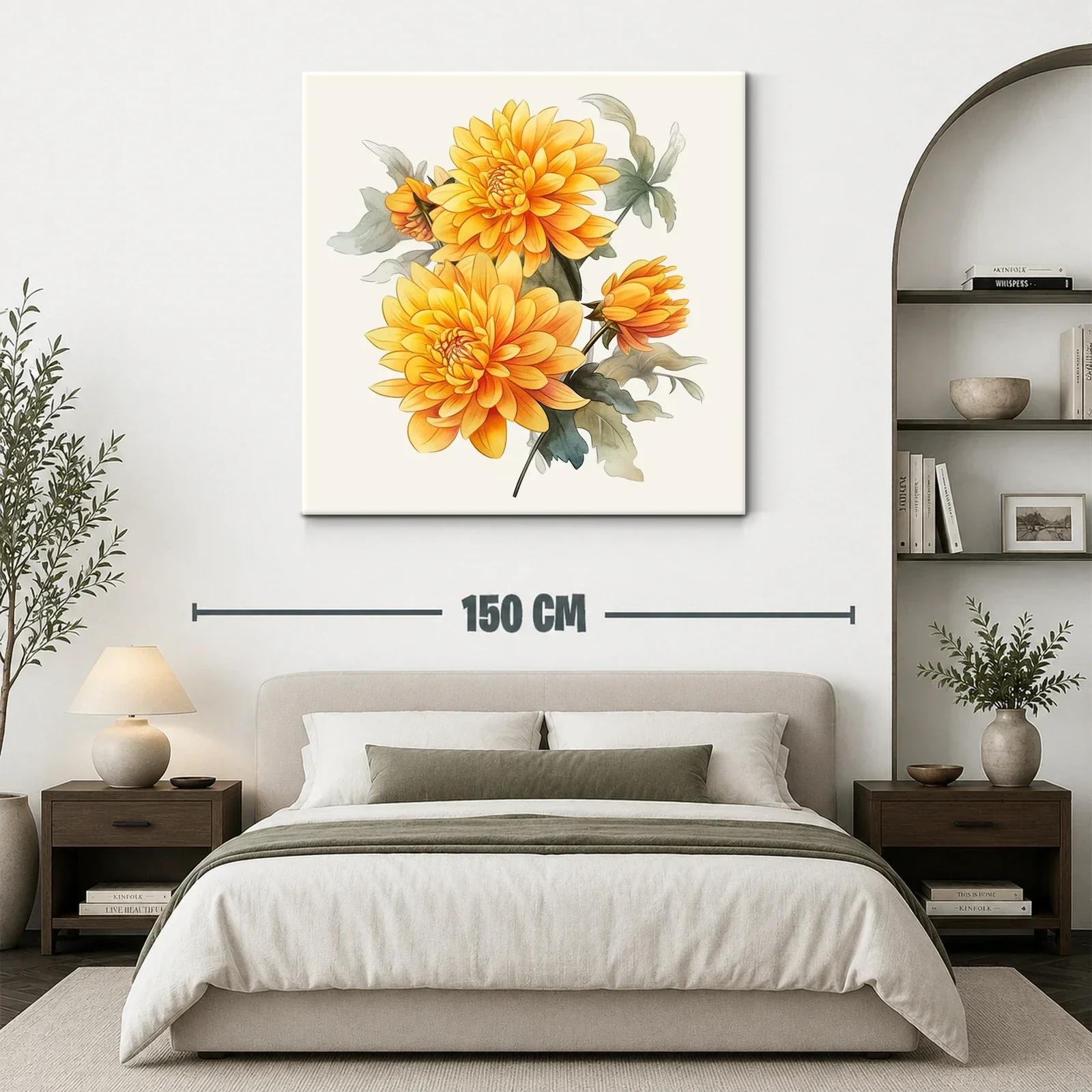 Cuadro floral con dalias en tonos cálidos y hojas verdes — miniatura 3